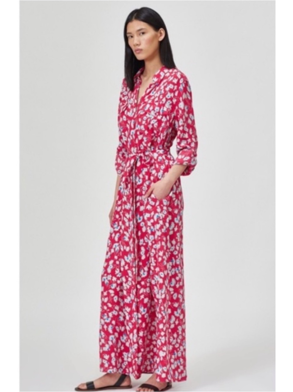 Equipment Major Maxi Silk Red Floral Long-Sleeve Shirt Dress